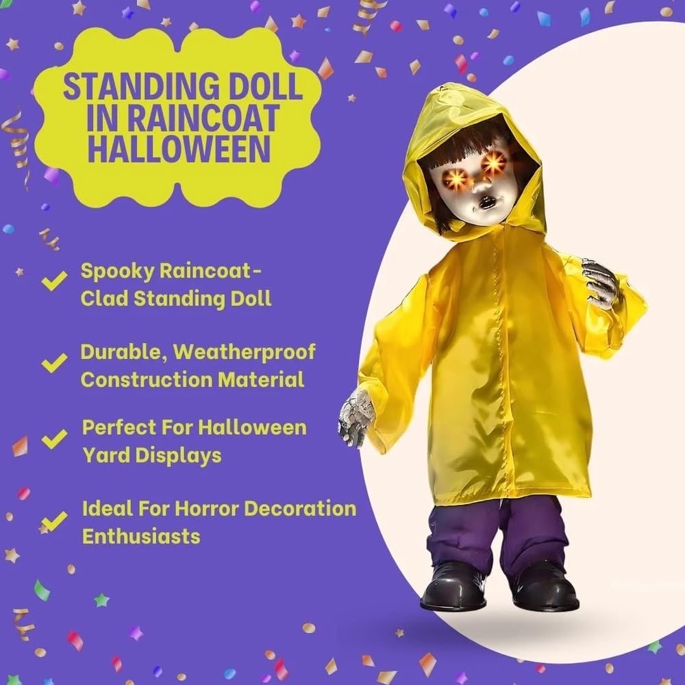 Spooky 33-Inch Tall Standing Halloween Doll In Raincoat - Sound Activated With Phrases