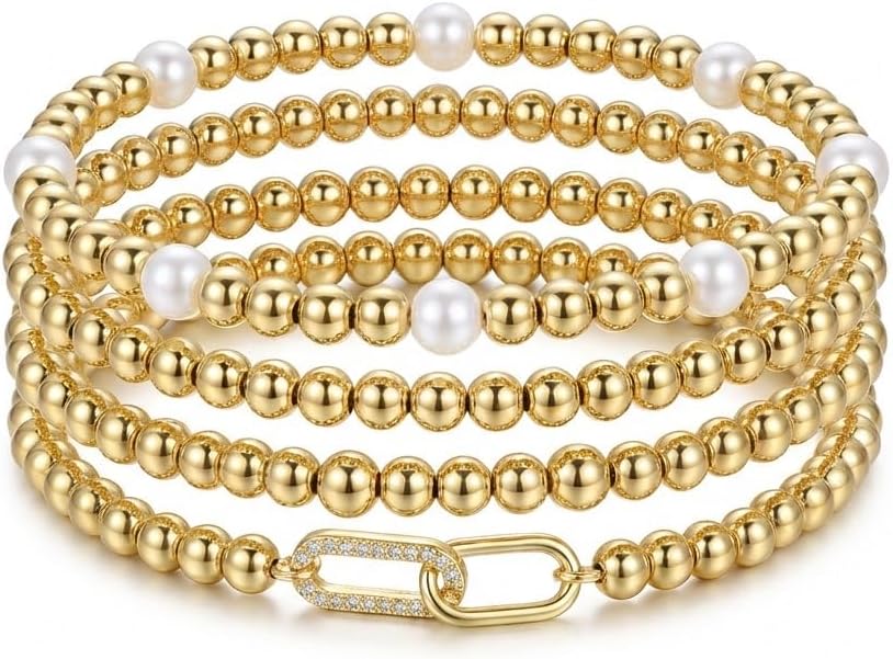 Trendy Gold Bracelets for Women- Bow Charm Stretch Beaded Bracelet, Christmas Romantic Jewelry - Ideal Gifts