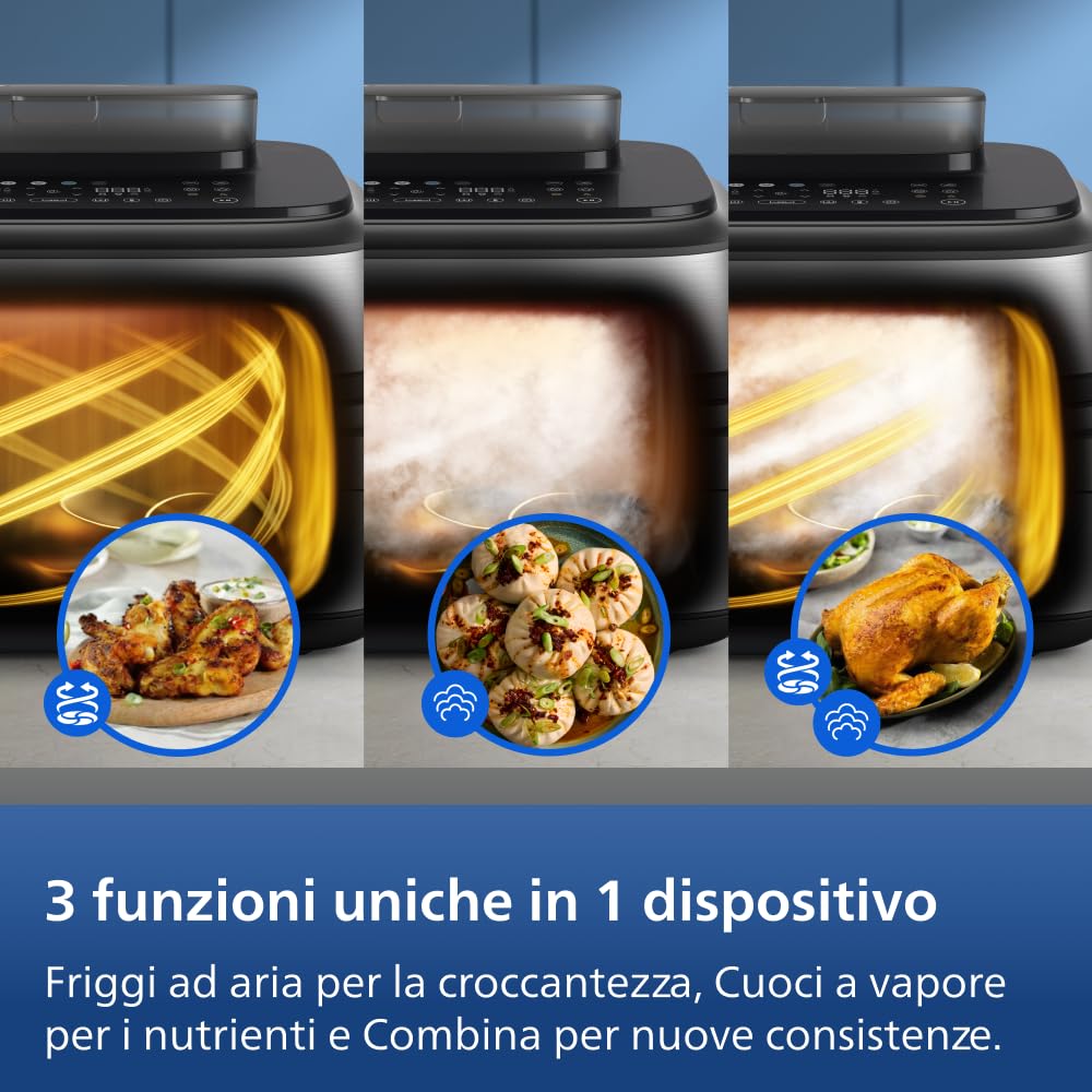 Philips Airfryer Serie 5000 con Maxi Capacità e Funzione Vapore – SteamFry, Vapore e Frittura ad Aria – 28 Programmi di Cottura, Doppio Scomparto 3L+6L, RapidAir Plus, SteamClean (NA565/00)