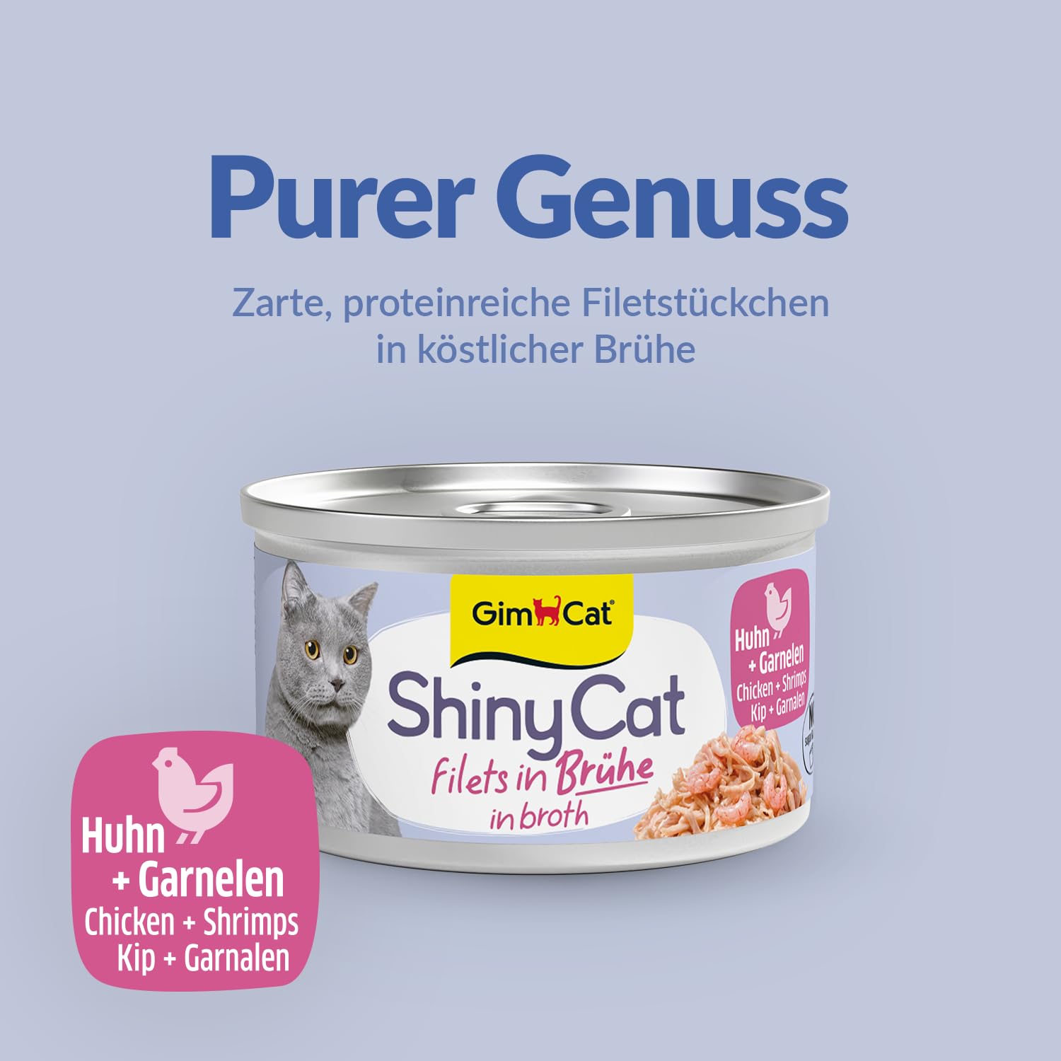 GimCat ShinyCat filet w bulionie, kurczak z krewetkami, mokra karma z rybą, 24 puszki (24 x 70 g)