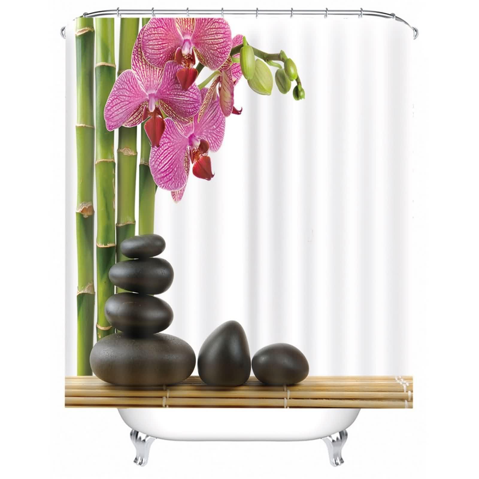 Rideau de douche en tissu motif orchidée pour créer une ambiance spa zen dans la salle de bain