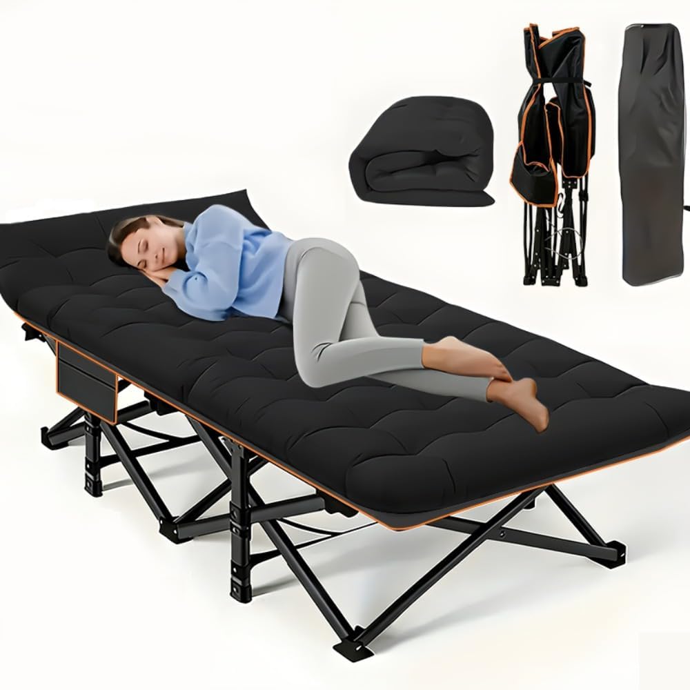 560-760 pounds Portable Folding Camping Bed (with Mattress) - Can be Used as a Recliner - Breathable Fabric, Thick Steel Frame (Black with Side Pockets)