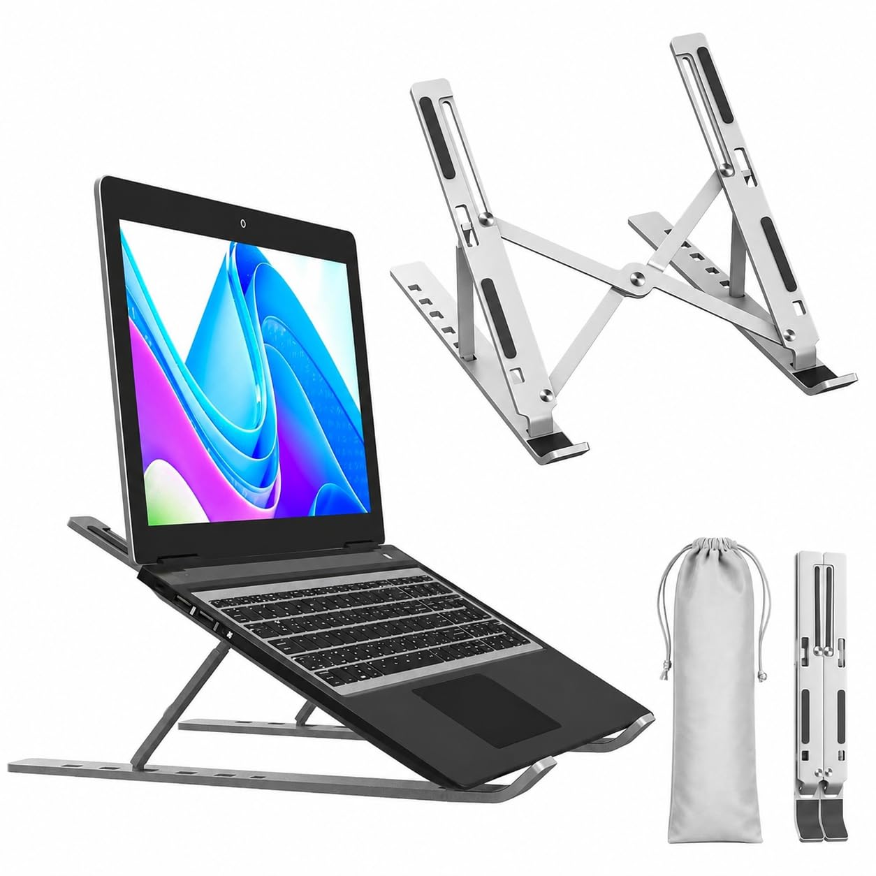 Adjustable Aluminum Laptop Stand, Foldable Ergonomic Laptop Riser, 6-Level Height Adjustable Notebook Stand for Laptops Up to 17.3 Inch-image-1