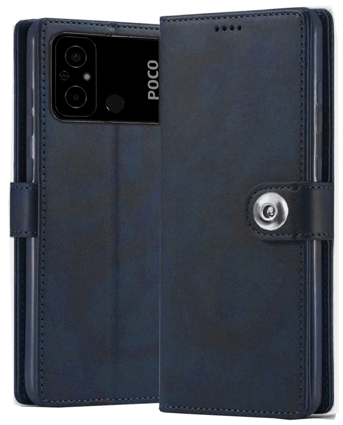 SHINESTAR Ultimate Leather Finish Flip Back Cover for Poco C55 | Inside TPU & Inbuilt Stand | Wallet Style Back Cover Case for Poco C55 | Stylish Button Magnetic Closure - Blue (B0BYBB9WHM) Amazon Price History, Amazon Price Tracker