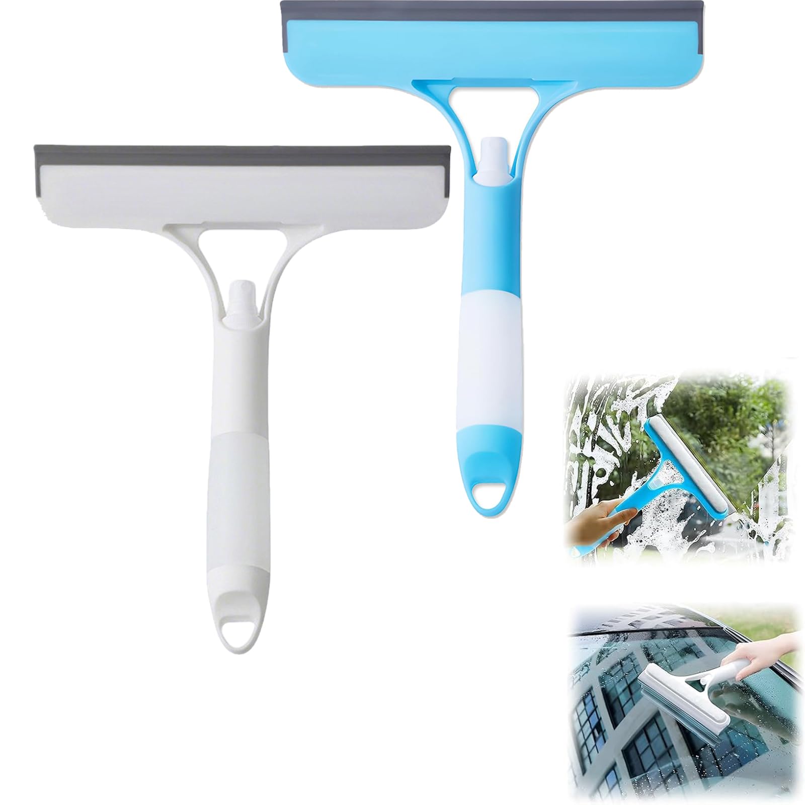 Tasber 2Pcs 3 In 1 Window Cleaning Scraper, Window Squeegee With Spray, Window Scraper Glass Cleaning Wiper, Squeegee Cleaner With Spray Bottle For Car, Home Kitchen (2Pcs)