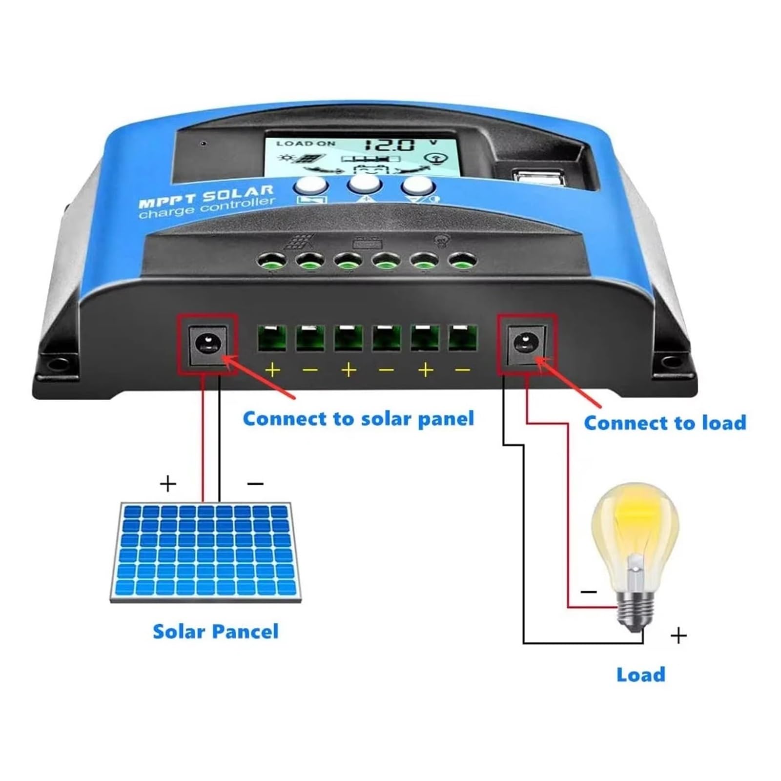 Regolatore di Carica Solare MPPT 100A 60A 40A Display LCD Doppio USB | Regolatore di carica del pannello a celle solari 12V 24V con carico(100A)