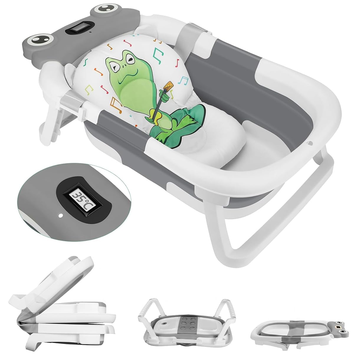Vaschetta Bagnetto Neonato Pieghevole con Indicatore di Temperatura, Bagnetto Neonato con Supporto, Vasca Neonato Bagnetto con Presa per Soffione Doccia, Salvaspazio, per Bambini da 0 a 36 Mesi(rana)
