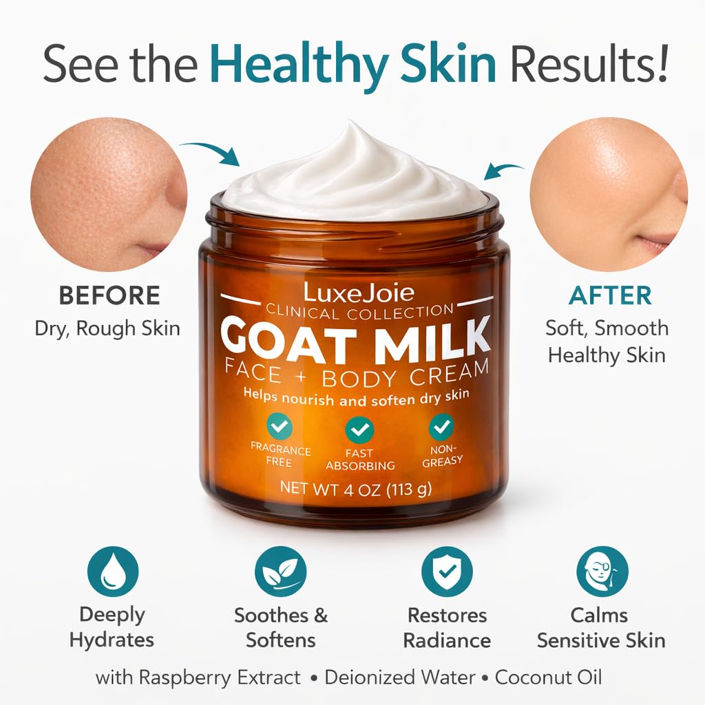 LuxeJoie Goat Milk Face Cream Fragrance Free Moisturizer for Dry & Sensitive Skin Fast Absorbing Non Greasy Hydration Gentle Goat Milk Face & Body Lotion with Shea Butter 16 oz