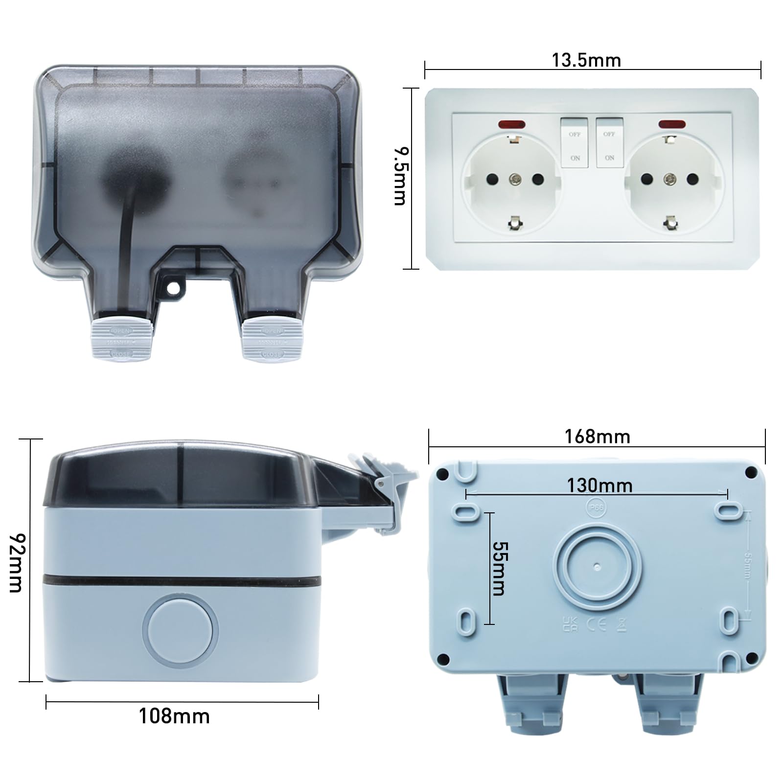 Enchufe de Exterior Impermeable Toma de Corriente IP66 con Interruptor doble conexión,Conector de Cable y Tapa Abatible,para Cocina Baño Garaje Piscina y Jardín (MPG2-GSN, 1 Piezas)