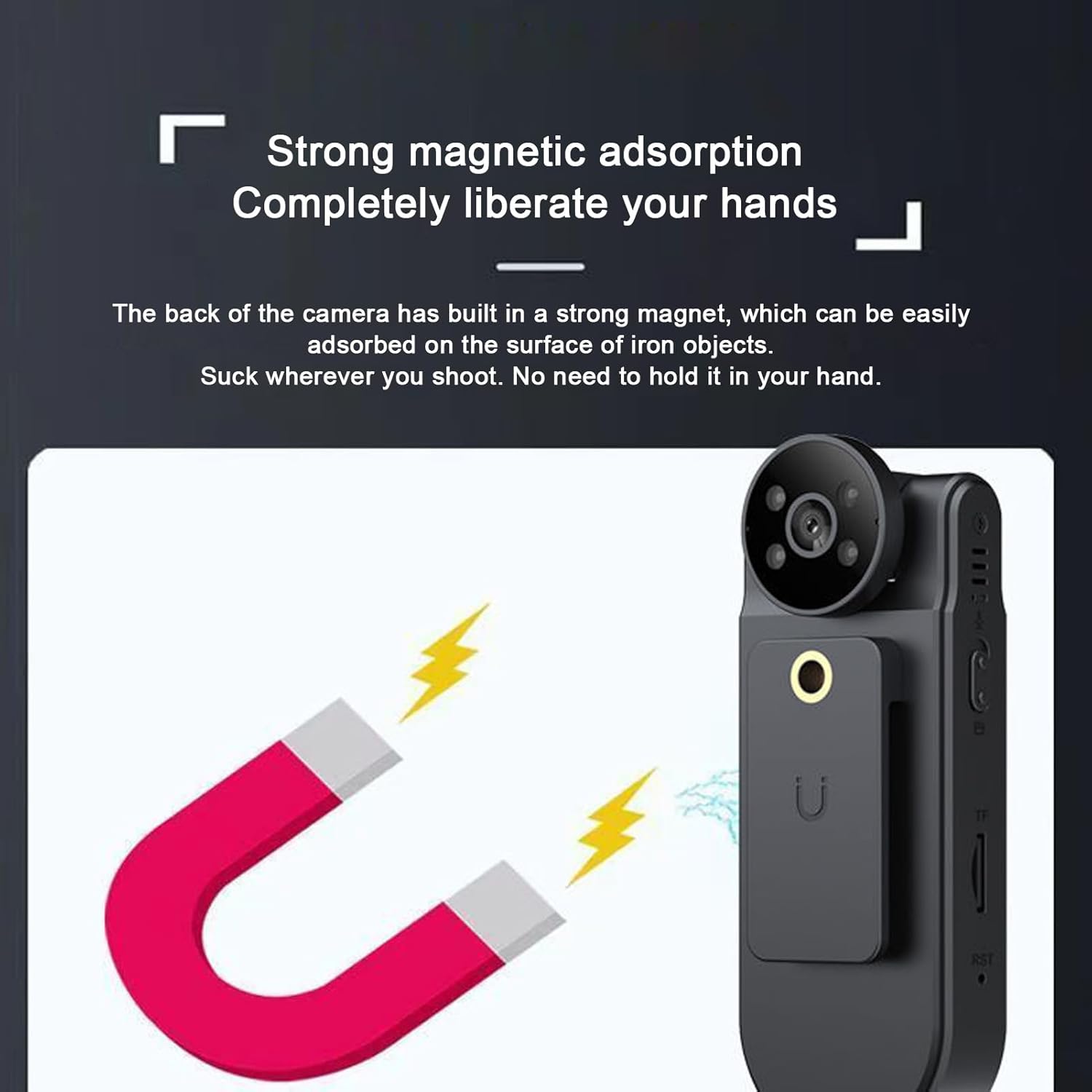 Bewinner Body Camera demonstrating strong magnetic adsorption to a horseshoe magnet