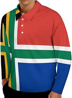 South African Nordic Crossed Flag Men's Polo Shirts Long Sleeve Jersey Golf Regular Fit Button Closure