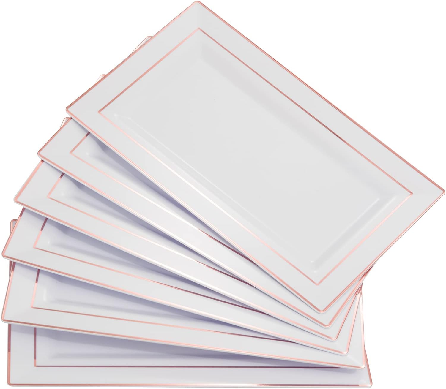 SUT 12 Pack White Plastic Serving Trays with Rose Gold Rim, 13 X 8 inch Rectangle Food Trays, Disposable platters Cookie Serving Trays, Rose Gold Serving Tray Wedding and Disposable Trays for Parties