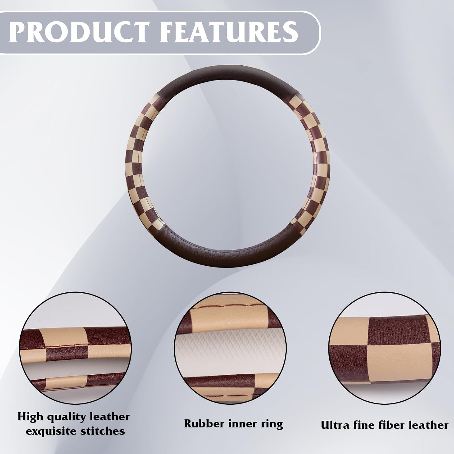 Evankin Microfiber Leather Checkered Flag Brown & Beige Car Steering Wheel Cover Non-Slip and Comfortable Universal 15"(Begie) image 4