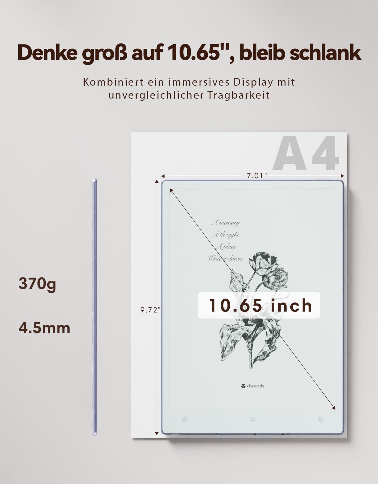 VIWOODS Aufgerüstetes Bundle mit AiPaper, Stylus Pro und 5 Spitzen, Carta 1300 AI E Ink Tablet, 10,65'' 300PPI Elektronisches Notizbuch mit Stift, Ultradünn 4,5mm, Leicht 370g, 128GB Notizgerät