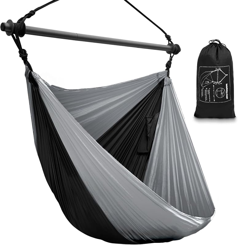 Hammock Chair Swing, Portable, Max 500lbs for Indoor/Outdoor (Black, Gray) | Roomy 67x59" Seat, Full Head Support, Fits Adults & Pets, Quick Hang, 210T Parachute Fabric, Camping Beach Hiking