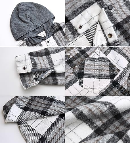 Image of SOLOCOTE Big Boys Flannel Plaid Shirt Kids Cotton Lightweight Hooded Long Sleeve Spring Fall Button Front Jacket