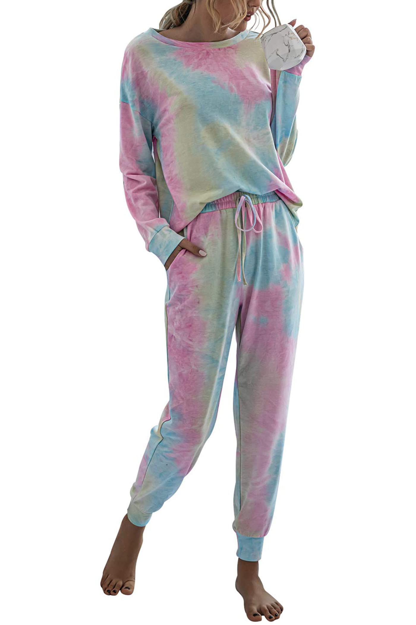 PRETTYGARDEN Women's Tie Dye Two Piece Pajamas Set Casual Long Sleeve Sweatshirt with Long Pants Loungewear