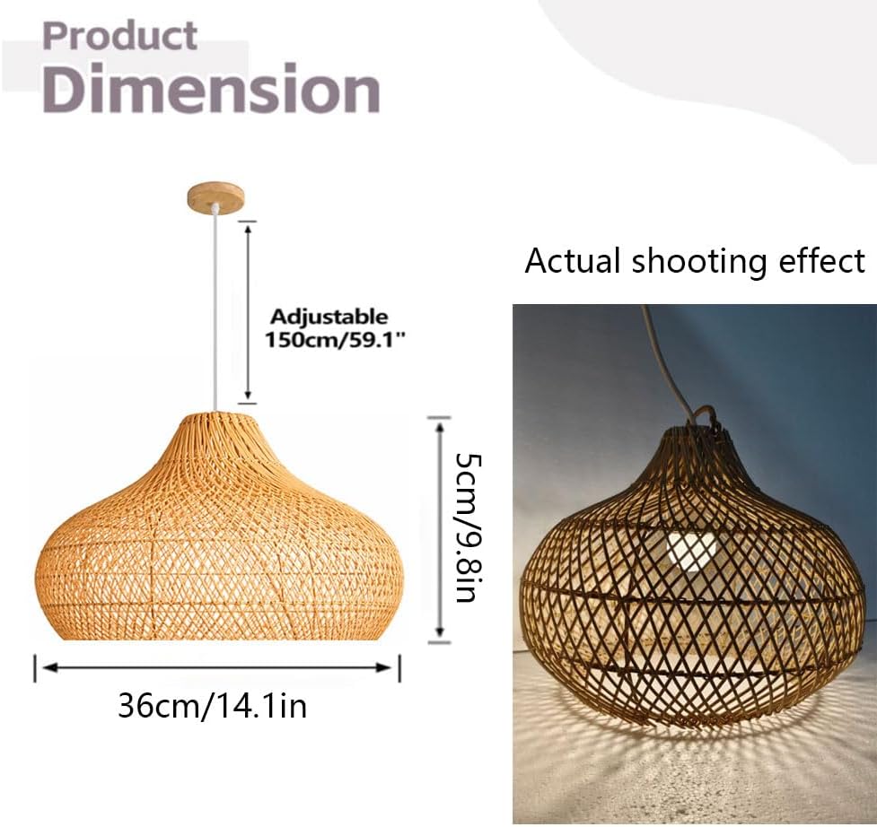 Natural Rattan Pendant Light for Kitchen Island, Ceiling Light Wicker Lampshade Lantern 14.1" Bamboo Lamp Hanging Light Ceiling Lighting Fixture Suitable for E26/27 Lamp Holder