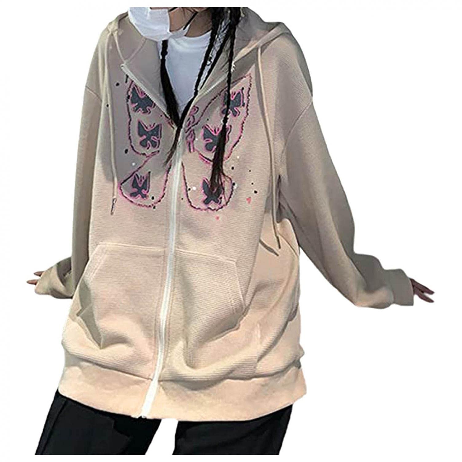 SGSD Grunge Jas Oversized Y2k: College Jas voor Dames, Vintage Sweatjack, Hip Hop Boyfriends Lentejas, E-Girl Kleding, Aesthetic Tops, Kapuchon, Zip Up Hoodie Jas, 90er E-Girl Top, S