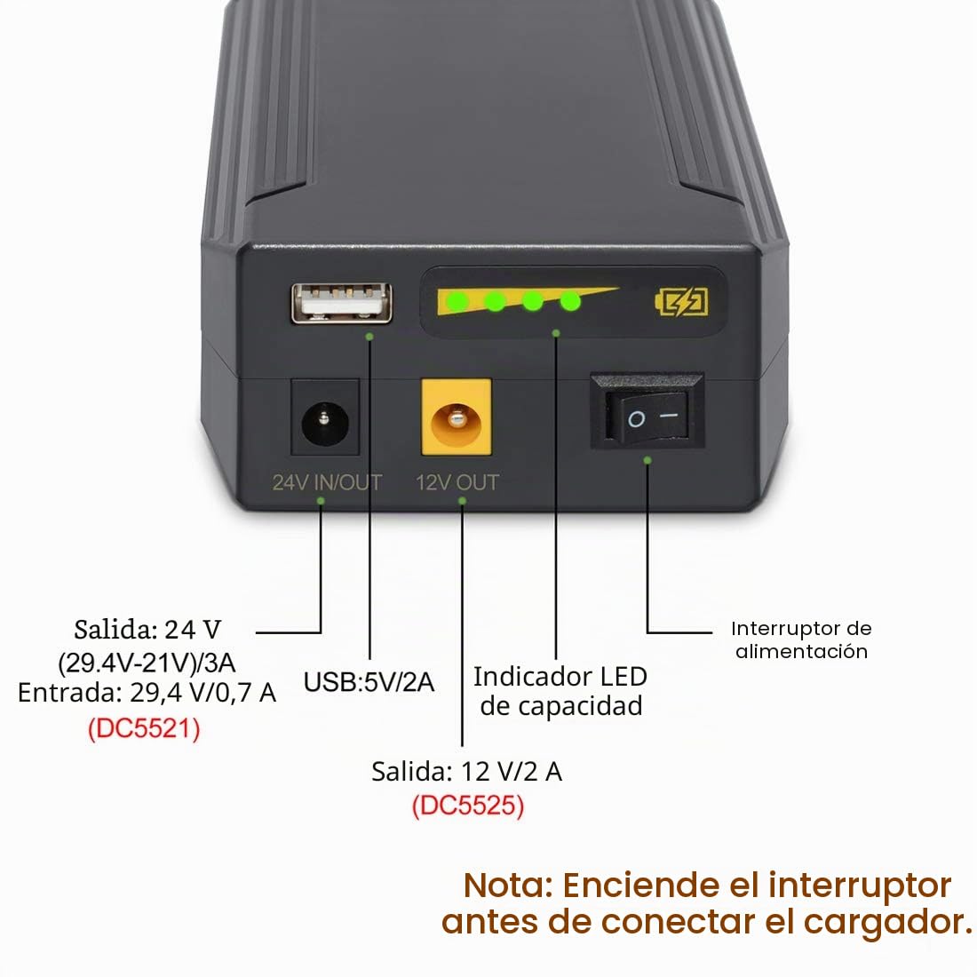 TalentCell Powerbank, Batería externa, batería de iones de litio de 24/12/5 V, recargable, 82,88 Wh 22400 mAh, con cargador, para tiras de luces LED, cámaras CCTV, etc, Negro
