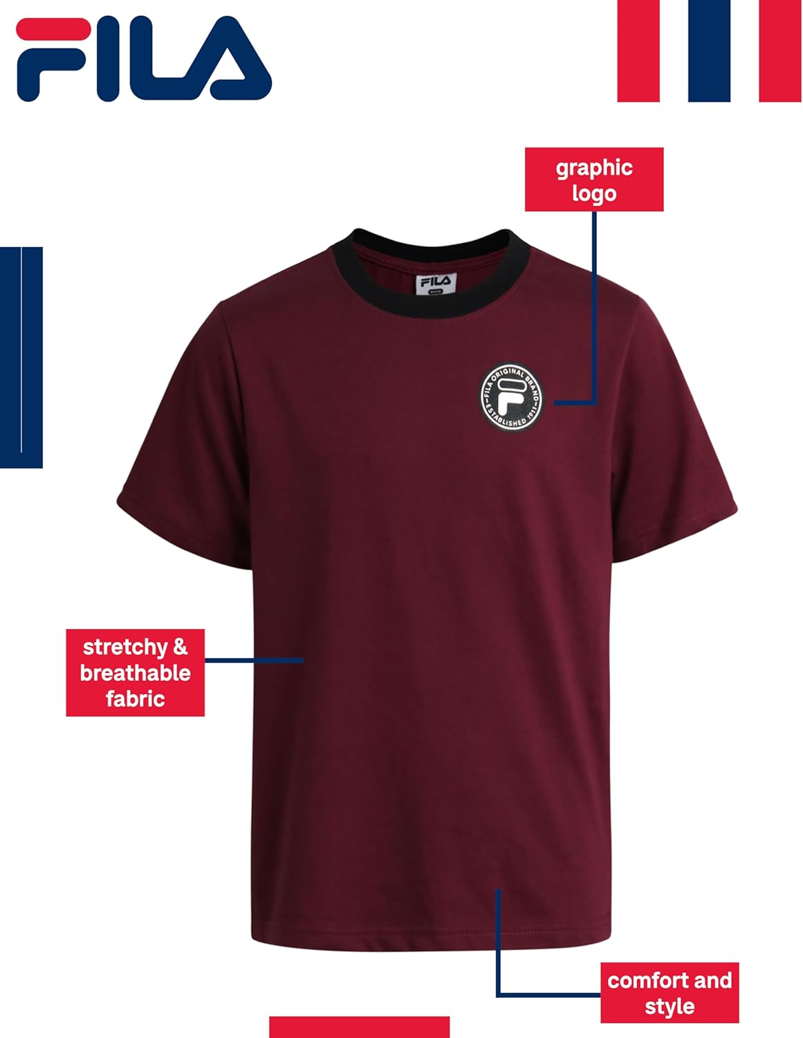 Fila Boys Athletic Shirts - 3 Pack Active Performance Cotton Blend Crewneck Short Sleeve Graphic Tees for Boys - Image 2