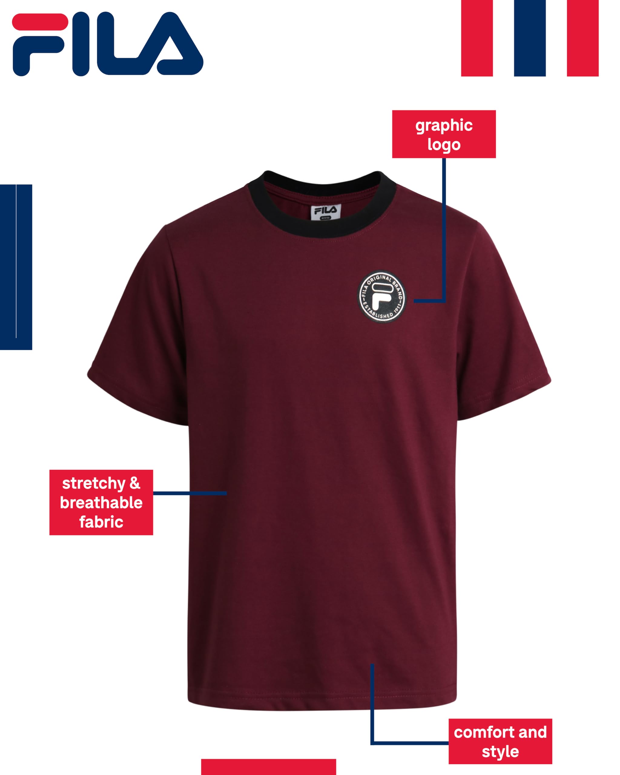 Fila Sport-Shirts für Jungen – 3er-Pack Performance Rundhalsausschnitt Jungen Dry Fit Shirts – Active Short Sleeve Graphic Tees (Größen 8–18)