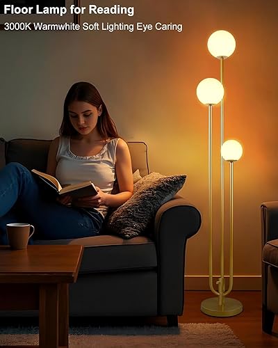 Miniatura 5 de Lightdot Lámpara de pie dorada de 63 pulgadas, regulable, 3 luces, globo LED, con 3000 K, blanco cálido suave para bodafiesta, portavelas, lámpara