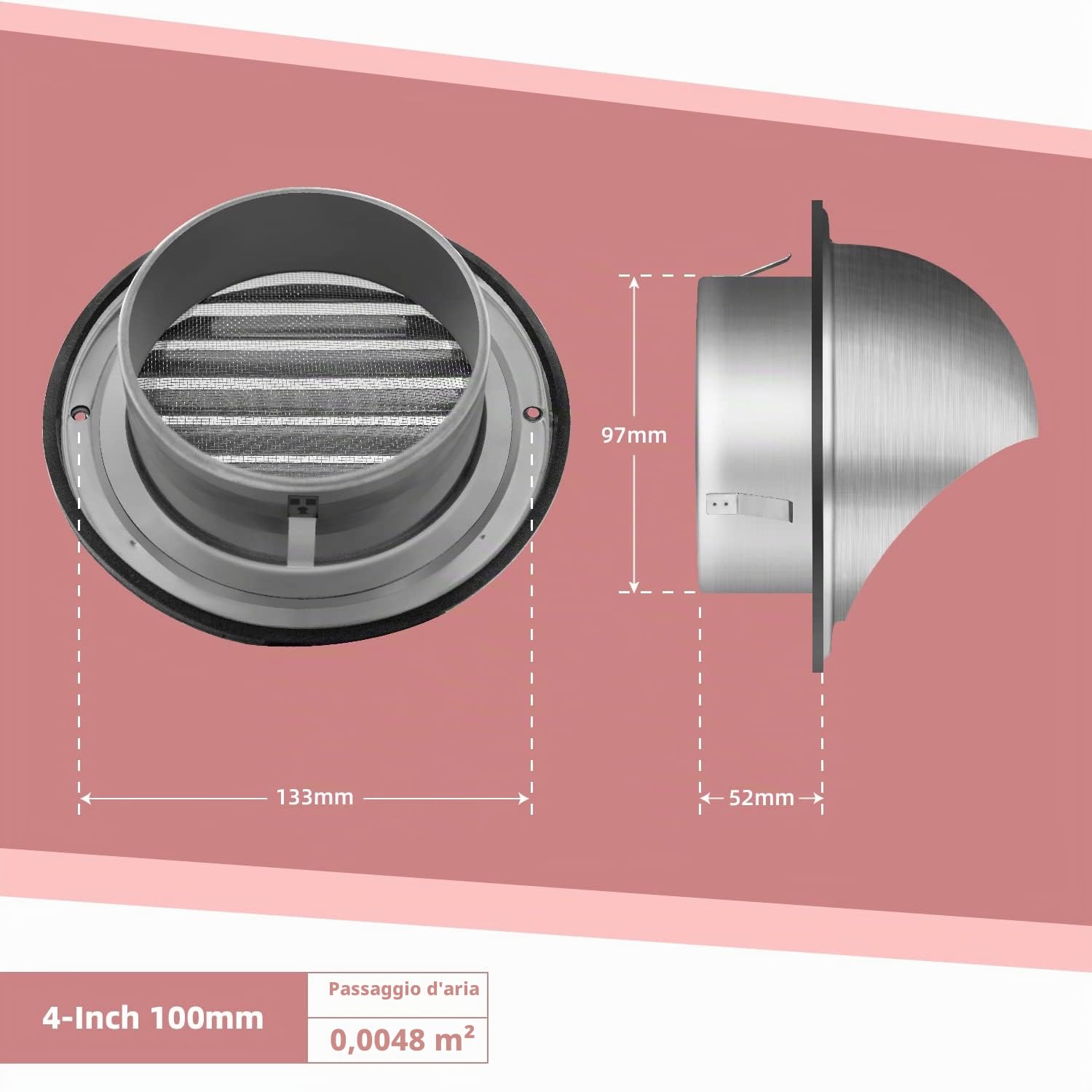 WeCooper Griglia di ventilazione da 100 mm, in acciaio inossidabile 304, con estrattore tondo a punta semicircolare, copertura della ventola a 4 pollici, con alette, zanzariera e deflettore antigoccia