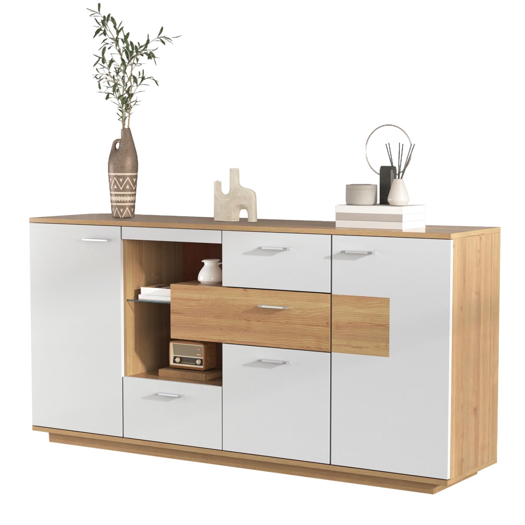 BTM Modernes Sideboard-Schrank mit viel Stauraum, mit LED-Beleuchtung, 160x40x77cm, 2 Türen, 4 Schubladen, Glasablage, Holzoptik, Weiß,Wohnzimmermöbel, Organizer, Kommode, Mehrzweckschrank.