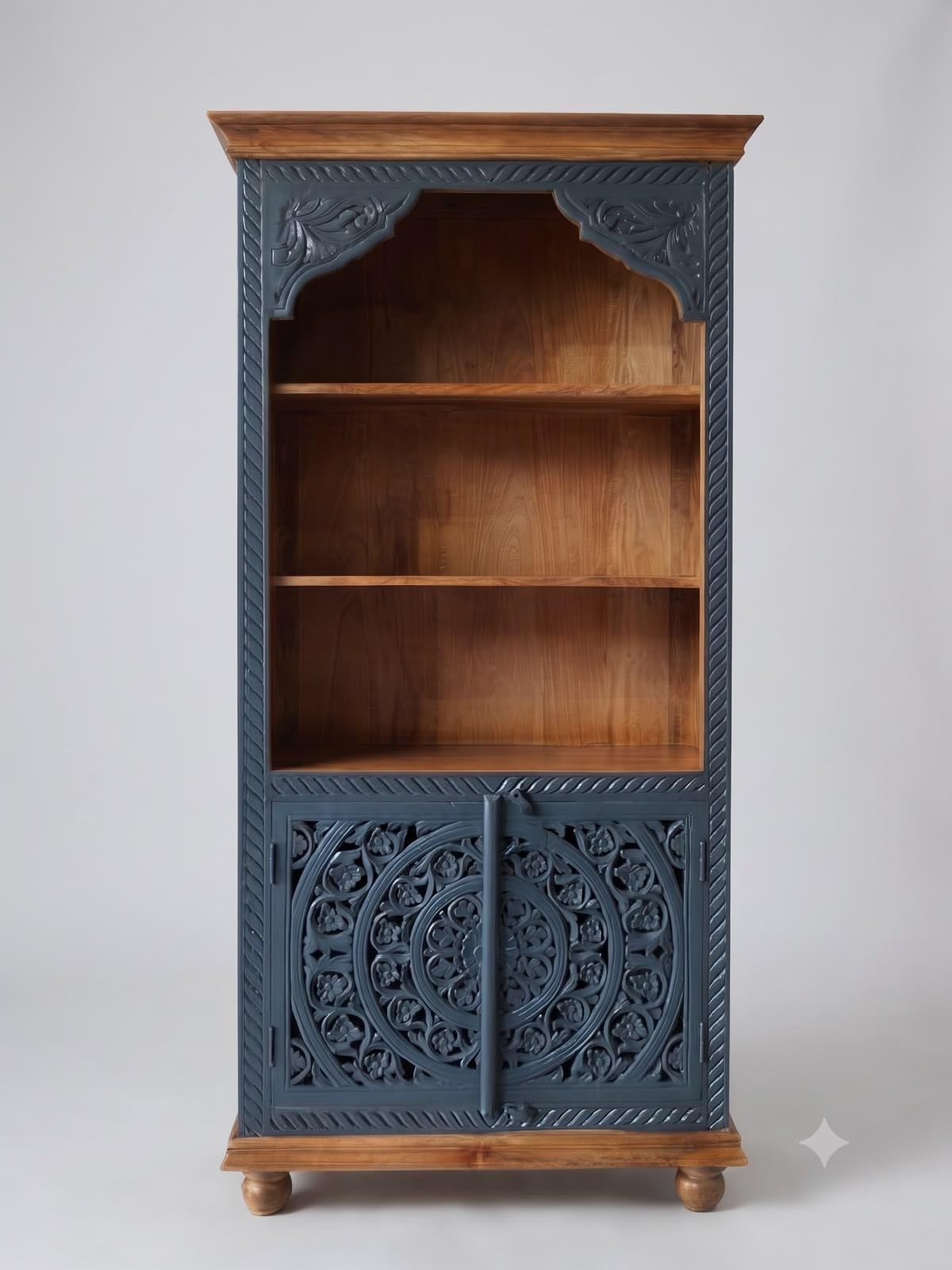 Sheesham Wood Storage Unit with Open Compartments & 2-Door Carved Cabinet | Multipurpose Cupboard for Living Room, Bedroom & Dining Area | Dual-Tone Finish-image-35