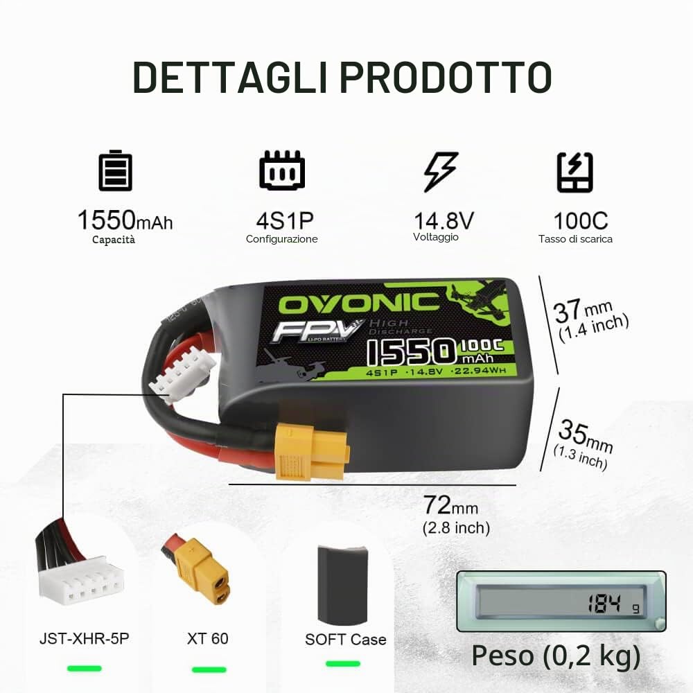 OVONIC Batteria Lipo 4s 100C 1550mAh 14.8V FPV Batteria con Connettore XT60 per RC Aeroplano Drone RC Quadricottero(2pcs）