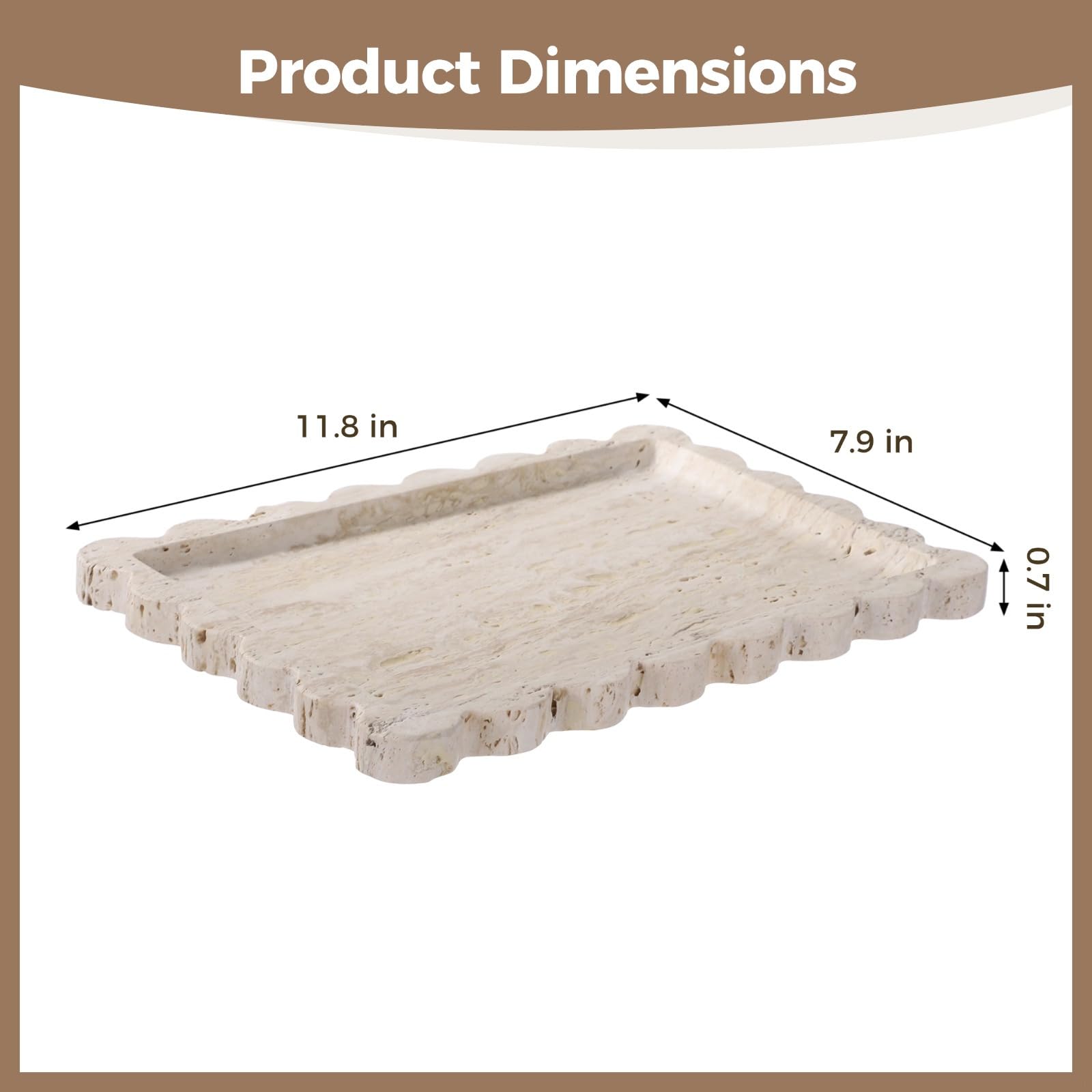 Bandeja decorativa de travertino, bandeja rectangular de piedra natural festoneada para joyas, perfumes, cosméticos, 12 x 8 pulgadas