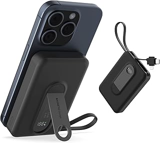 モバイルバッテリー magsafe 10000mah ワイヤレス充電 急速【最大出力15W・ケーブル内蔵・折りたたみスタンド・残量表示】 マグネット式充電器 コンパクト iphone 16/15/14/13/12シリーズ (黒)