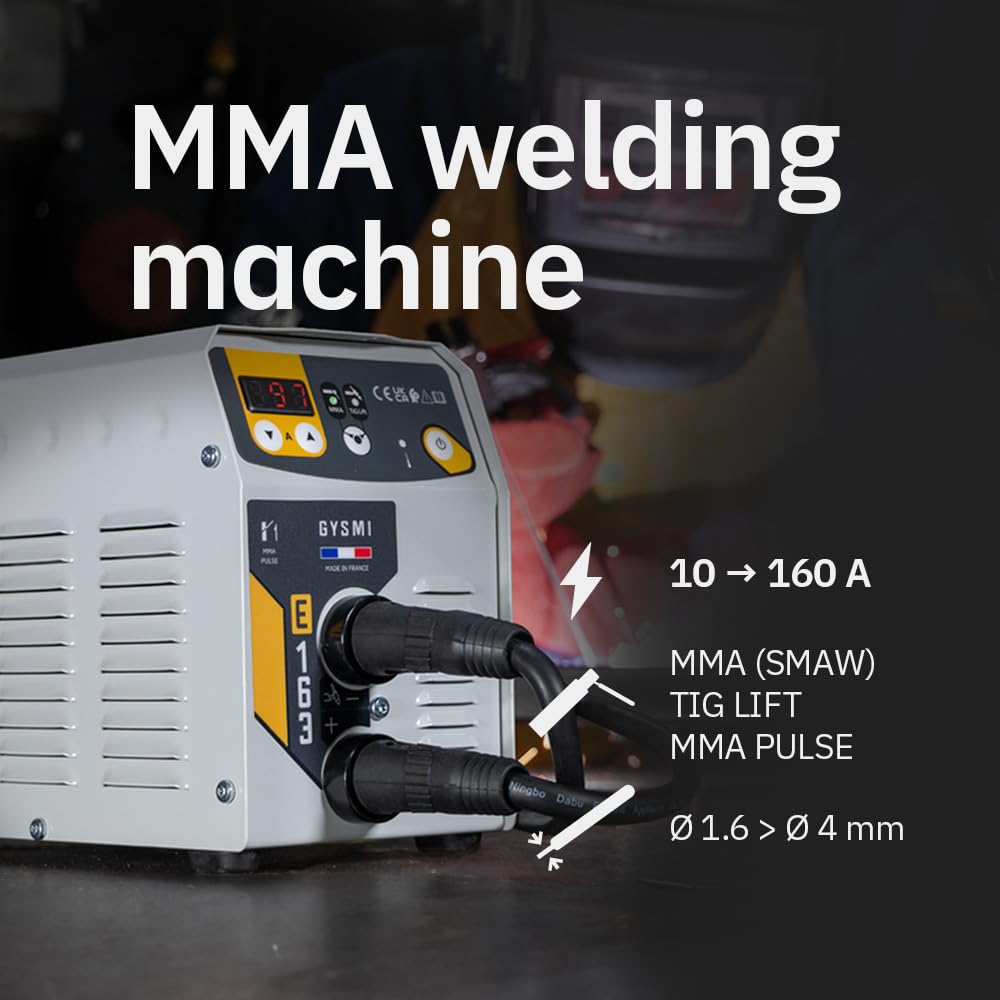 GYS, GYSMI E163, Poste à Souder à l'Électrode Enrobée 160A Monophasé 230V (MMA), TIG DC Lift, MMA Pulsé, Digital, Arc Force, Antisticking, Hot Start, Avec valise, Porte-électrode, Câble de masse
