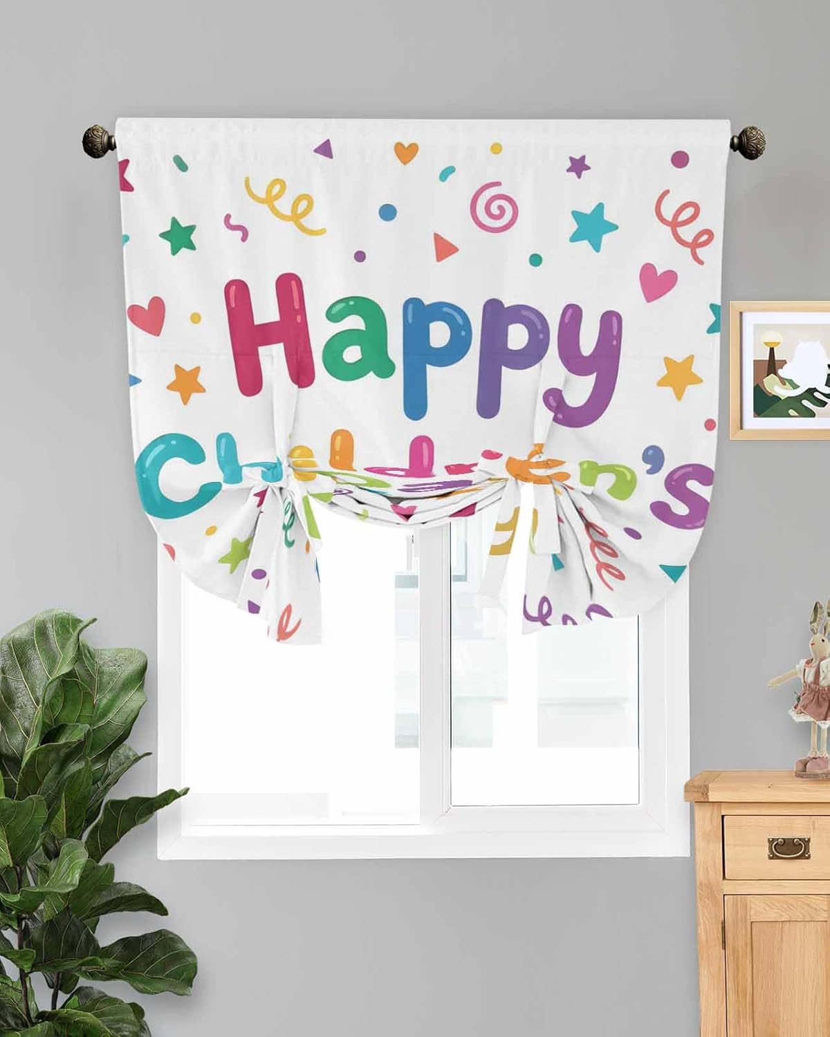 Tie Up Curtains for Windows, Happy Children's Day Adjustable Balloon Nature Linen Textured Kitchen Curtain, Modern Ribbons Stars Love Hearts Room Darkening Curtains for Glass Door, 42 x 45 in