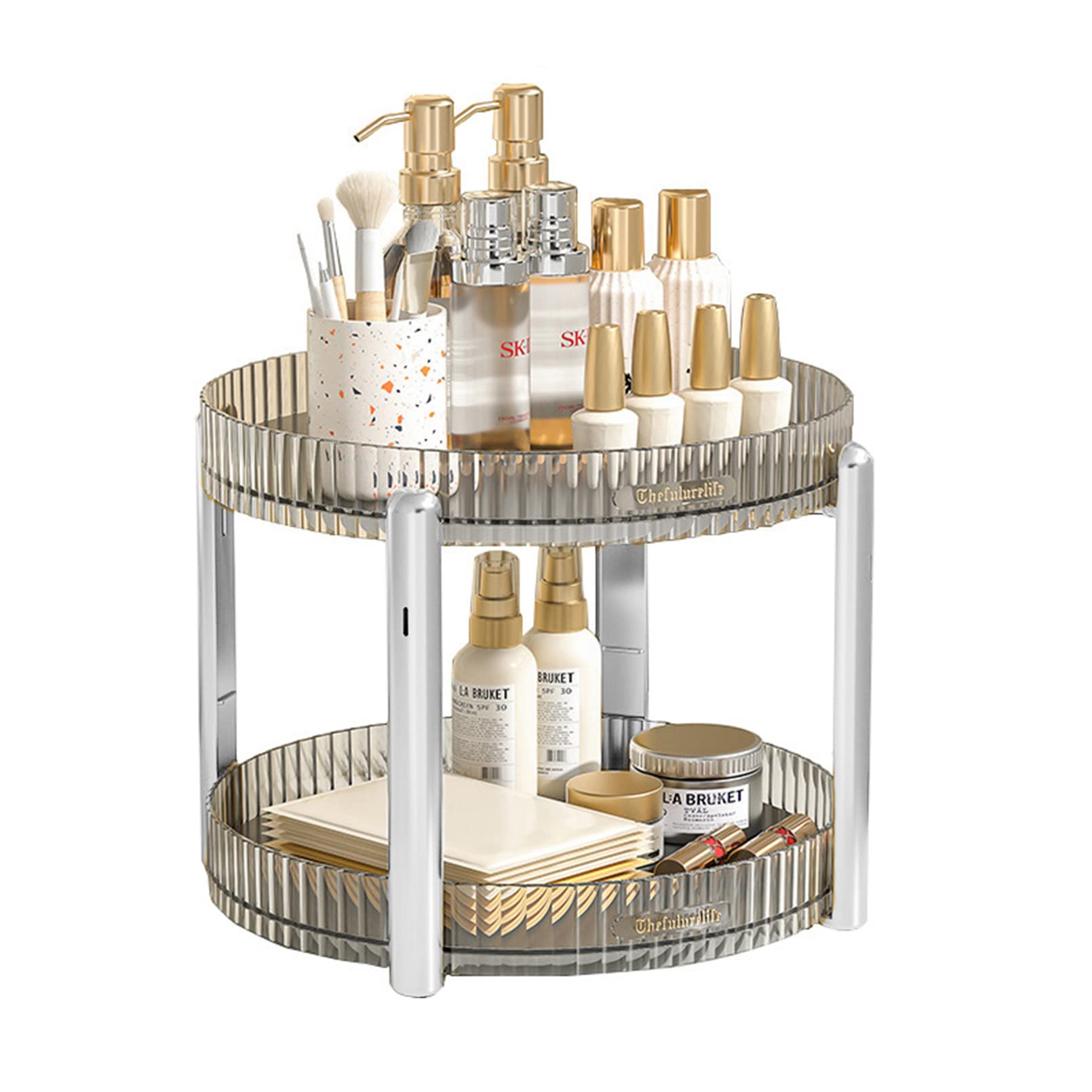 Amoilly 360 Rotating Lazy Susan Organizer, 2 Tier Makeup Perfume Organizer, Counter Organizer for Vanity，Cabinets, Pantry, Fridge, Countertops, Kitchen (White - Sliver)