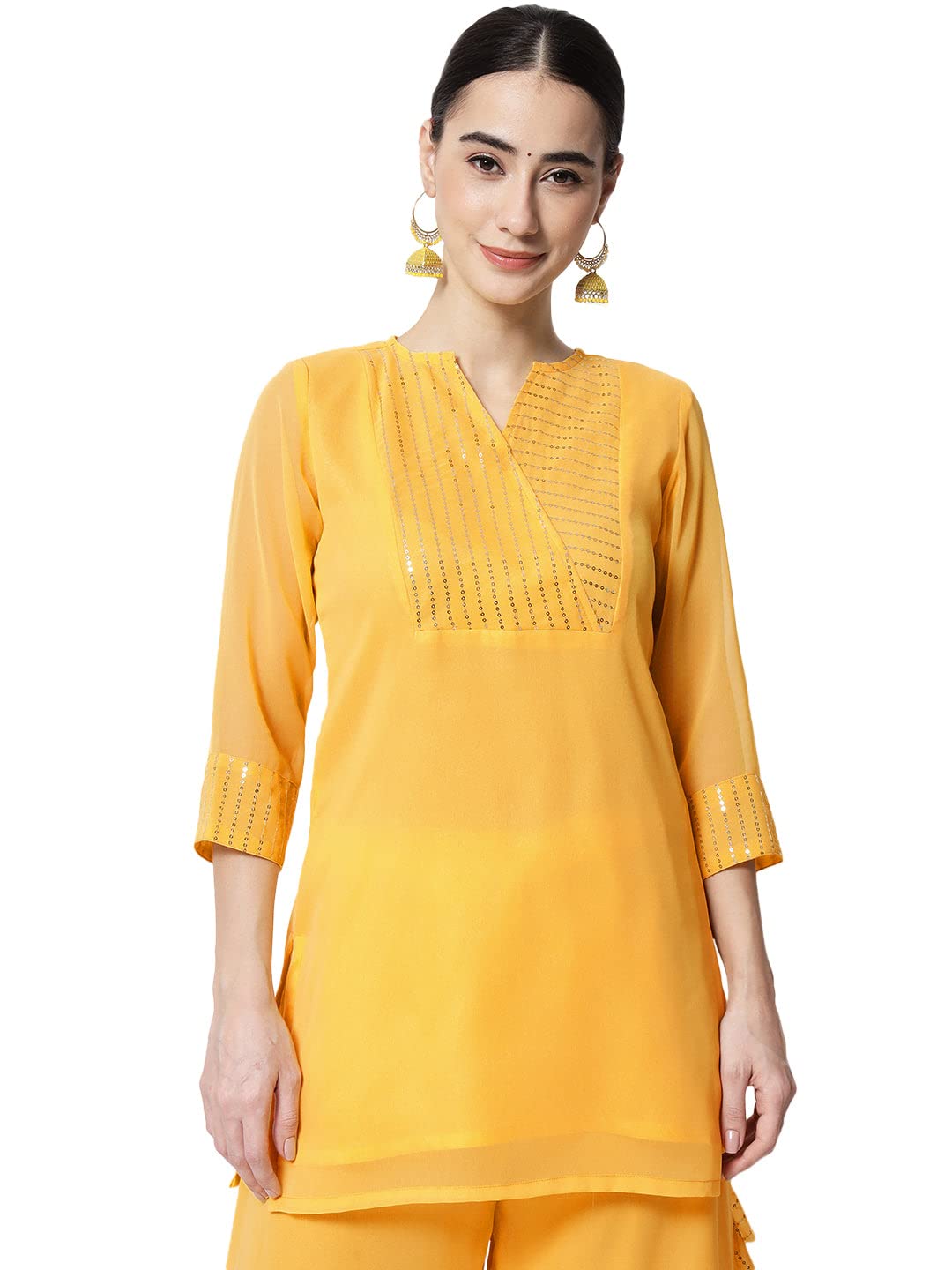 studio rasa Women's Georgette Sequin Embroidered Yoke Kurti for Festive Wedding Party