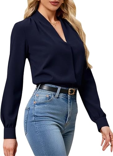 winkbay Women's V Neck Long Sleeve Old Money Blouses Dark Blue