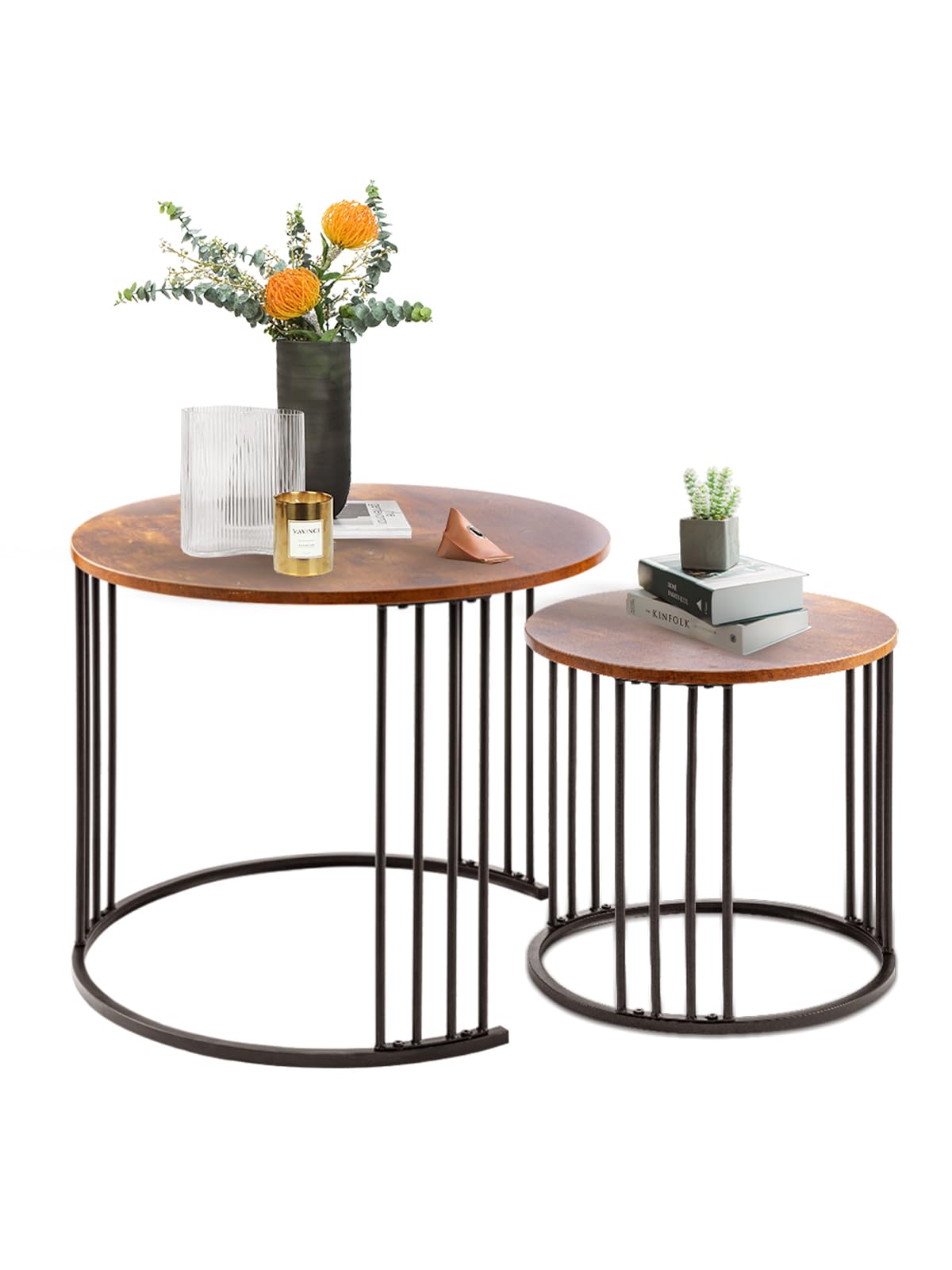 YORKING Nesting Coffee Table Set of 2, Modern End Side Table, Round Table Night Stand for Bedroom Dining Room (Brown) — image 1