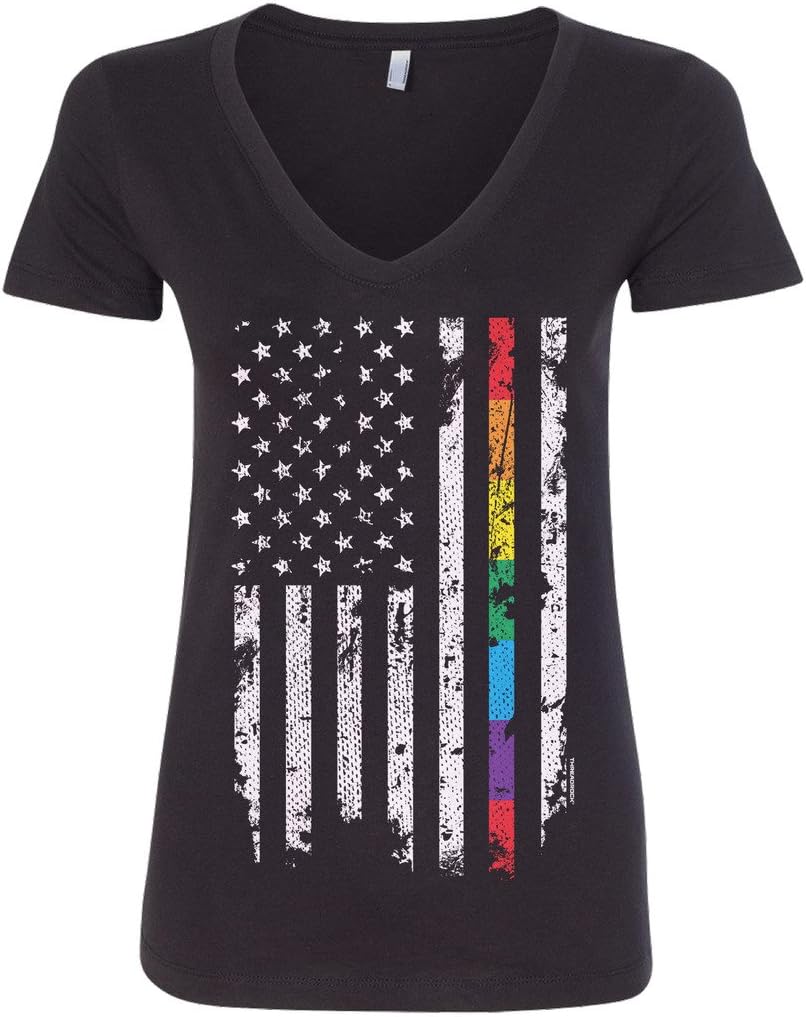Threadrock Women's Gay Pride Rainbow American Flag V-Neck T-Shirt