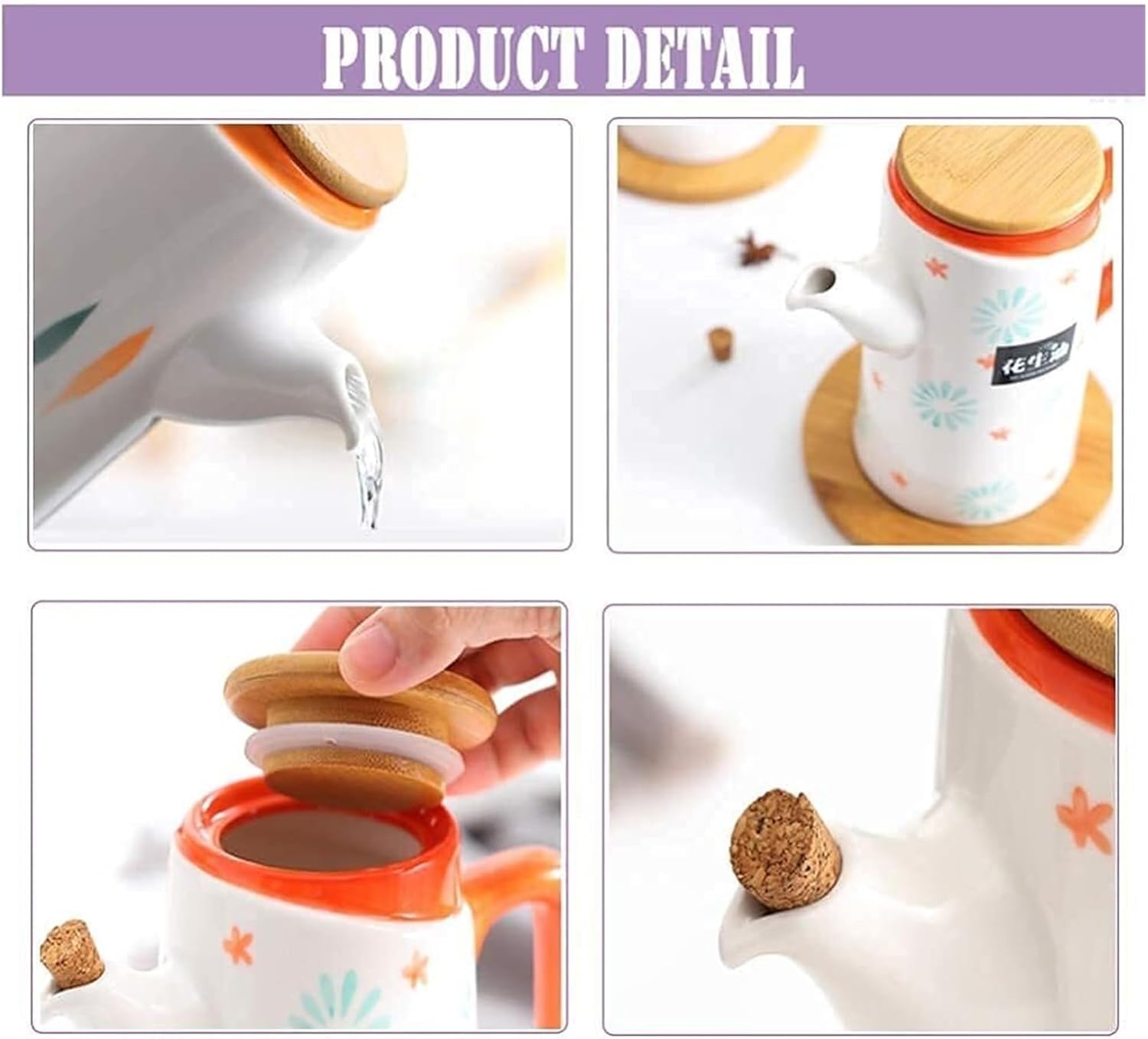 Oil and Vinegar Dispenser 500ml Hand Painted Ceramic Olive Oil Bottle,Oil Vinegar Dispenser with Wooden Pallet,Soy Sauce Vinegar Cruet Bottles Cooking