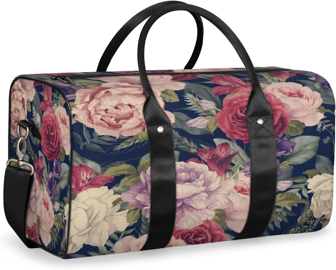 Vintage Floral Travel Duffel Bag for Women Men Large Capacity Overnight Weekender Bags for Lightweight Waterproof Sport Gym Bag for Workout Yoga Swim