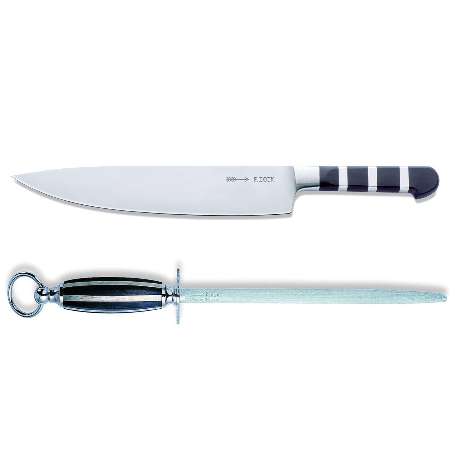 Dick 1905 großes breites Kochmesser 26 cm Set inkl. rundem Standard Wetzstahl 25 cm mit Holzgriff