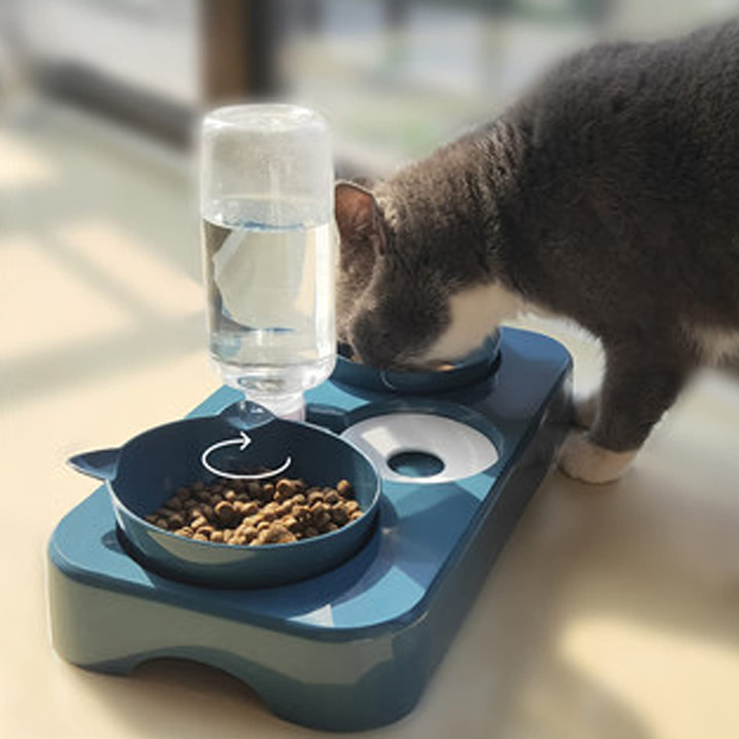 doepeBAE Ciotola per Gati, 3in1 Doppelnap Automatici Automatica per Gati Dispenser Cibo qua Inclinate Ciotole Set di CiotoleDopie Cani di Taglia Picola Media(Blu)