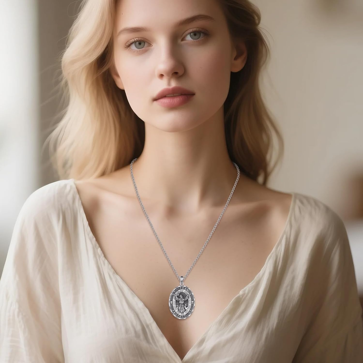 Patron Saint Necklace Sterling Silver Amulet Medal Pendant Religious Protector Jewelry Gifts for Women Men
