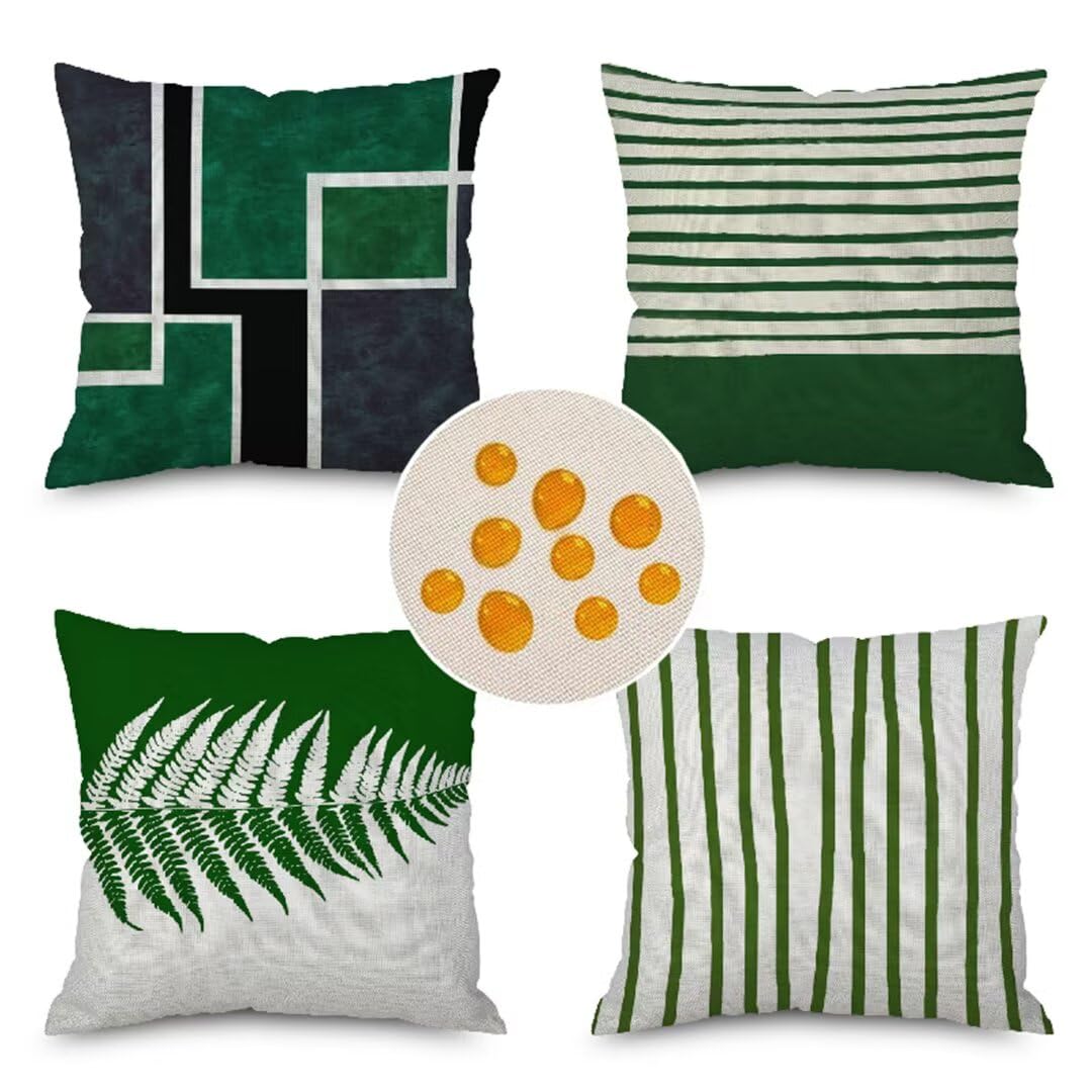 Juego de 4 Cojines diseño de Rayas Verdes Fundas Cojines Exterior Impermeable 60x60cm Lino Almohada Decorativa, Grandes Funda de Cojin, para Sofás Silla Oficina Coche Interior Fundas para Cojines E94