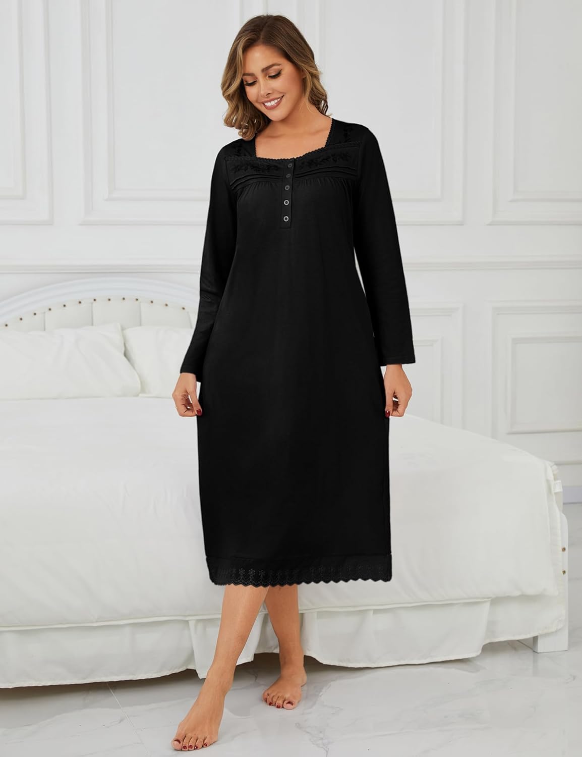 Nightgowns for Women Soft 100% Cotton House Dress Embroidery Long Sleeve Night Gowns Comfy Long Sleepwear - Image 5