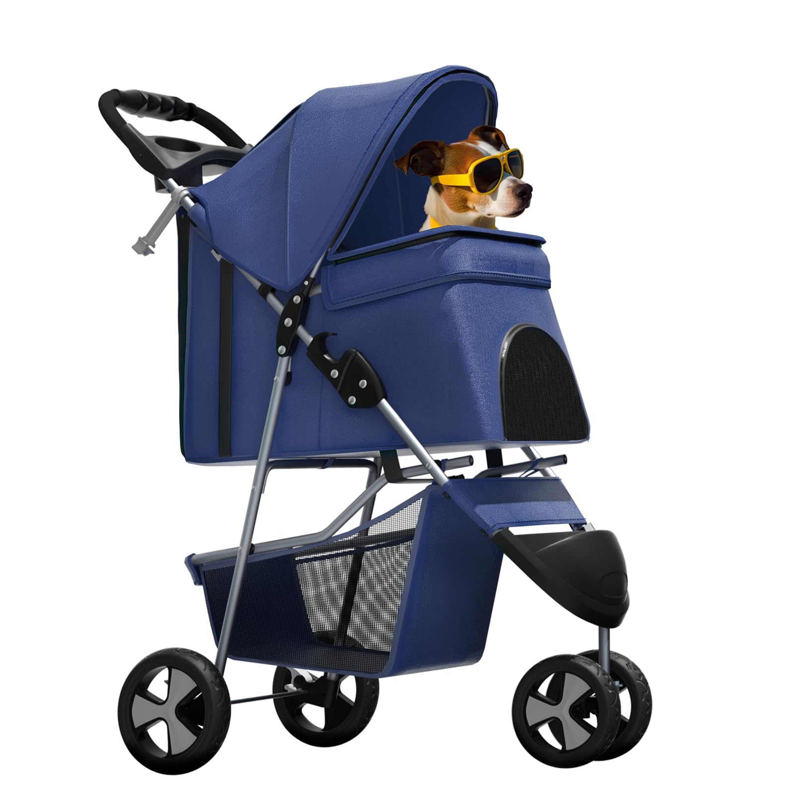 Magshion 3-Wheel Pet Stroller, Foldable Travel Jogger for Small & Medium Dogs & Cats (Up to 33lbs), Lightweight Carrier with Breathable Mesh Cover, Cup Holder & Storage Basket, Navy Blue
