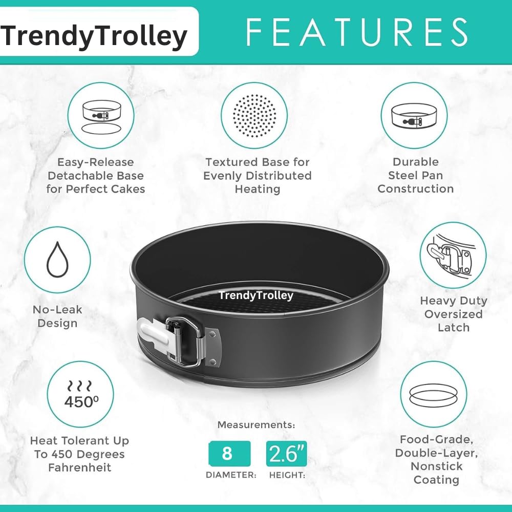 TrendyTrolley Non-Stick Springform Cake Pan 8-Inch | Carbon Steel Round Baking Mould with Leakproof Removable Base | Oven, OTG, Microwave & Pressure Cooker Safe, Cakes, Cheesecakes & Quiches