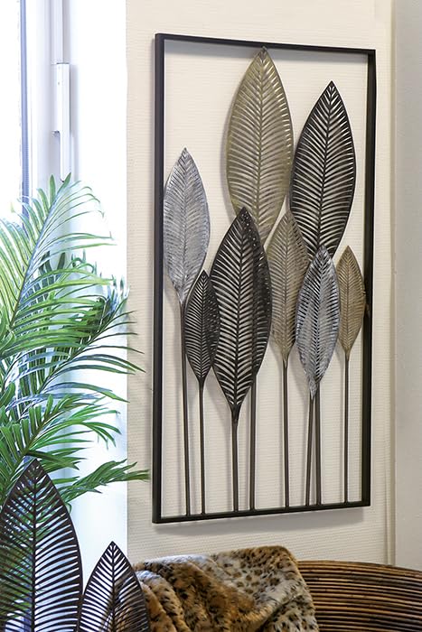 Casablanca Metallbilder Wanddeko Bilder Metall – moderne Wanddekoration Wohnzimmer – Wandbild 3D Metallbild Wand Deko Blumen Blätter Wall Decoration 95 x 53 cm Braun Gold Creme Naturtöne
